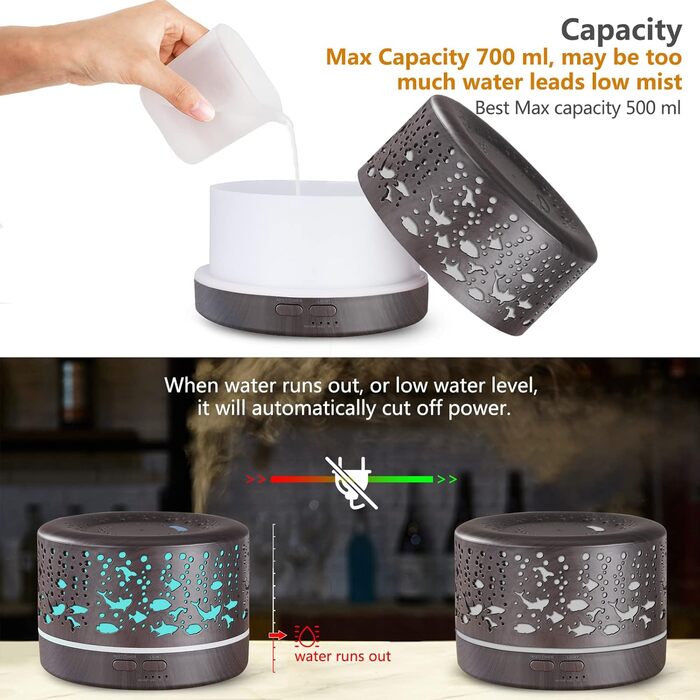 Аромадифузор Hianjoo 700мл з таймером, ультразвуковий, LED, 7 кольорів, для офісу, йоги, спа, спальні - світле дерево (глибка текстура)