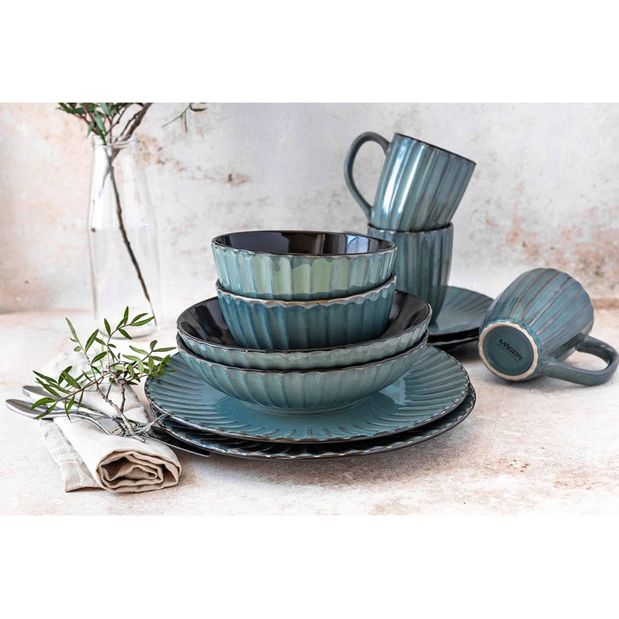MÄSER Confino Dinnerware Set - 20 Piece Ceramic Dinner Set for 4 - Vintage Style with Black Accents (Petrol Color)