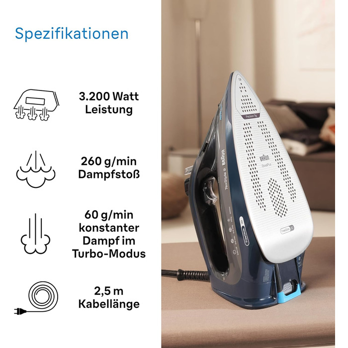Braun TexStyle 9 SI9682 DB Steam Iron with FreeGlide 3D Technology, Vertical Steam, Anti-Drip Function, Self-Cleaning Function, 330 ml Water Tank, 260 g/min Steam Output, 3200W, Dark Blue