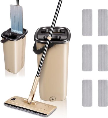 Набір для миття підлоги з відром, Masthome, компактний, з віджимом, 3 мікрофібрових насадок, нержавіюча сталь, 2 в 1, для дерев'яних, плиткових та мармурових підлог (Бежевий)