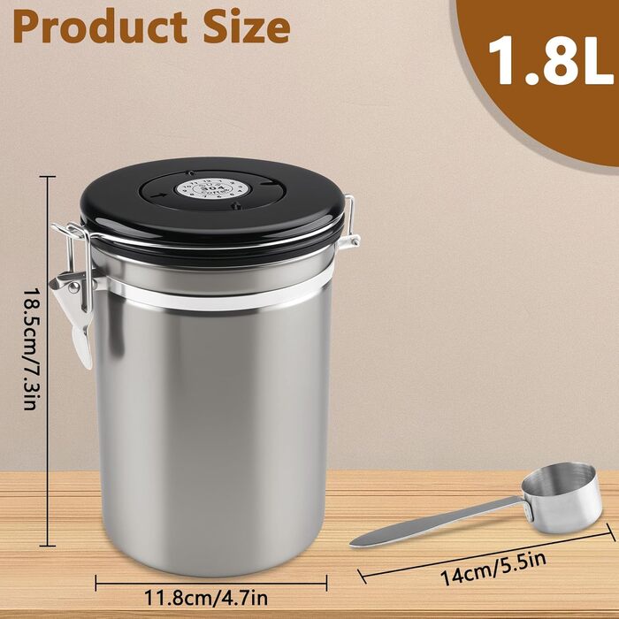 Герметичний контейнер для кави, 1.8L, нержавіюча сталь 304 з датою розкриття та мірною ложкою для кави, зерен, чаю, борошна, зерна та цукру (Білий)