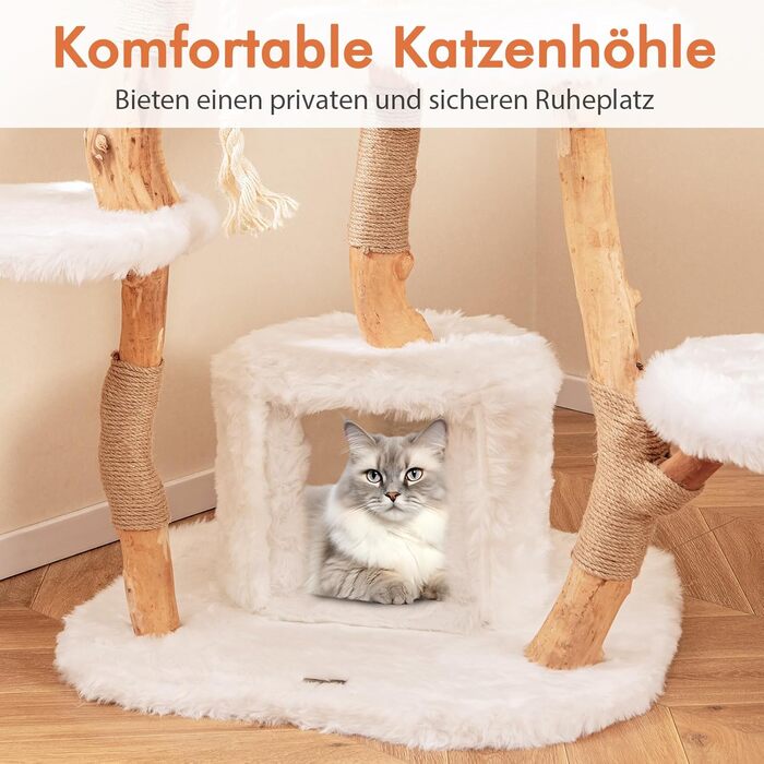 Дерев'яний кігтеточки для котів Costway 87см з гамаком та джутовими стовпчиками, з м'якими сидіннями, білий, 2 стовпчики (3 стовпчики з печереєю)