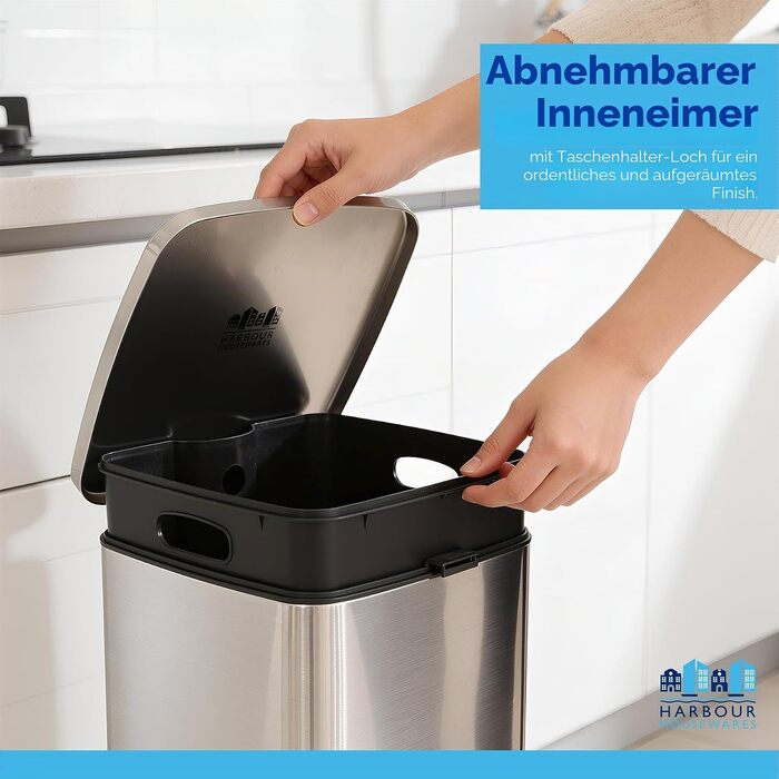 Сміттєвий відер з педаллю Harbour Housewares, 30 л, квадратний, нержавіюча сталь, білий, для кухні
