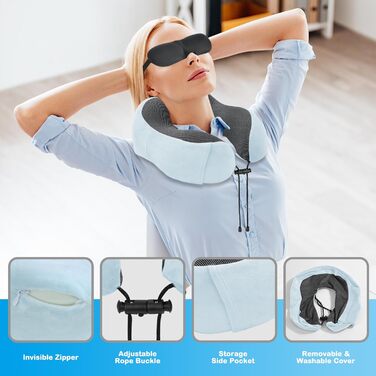 Подушка для шиї в літак, доросла, Memory Foam, регульована, компактна, з навушниками, маскою для сну, коробкою для зберігання (Блакитна)