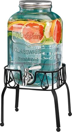 Keg-shaped drink dispenser, 3L/4L/5L glass water dispenser with stand, keg decanter with tap, alcohol dispenser ideal for wine, whisky, beer, juices, lemonade, gifts for friend, husband, father (4L)