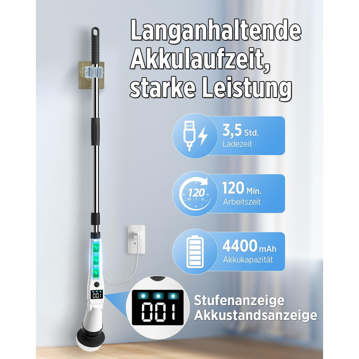 Електрична щітка для прибирання з 8 насадок, 3 швидкості, IP65 водостійка, регульована ручка, акумуляторна щітка для ванної, кухні, плитки, душу та кутів (біла)