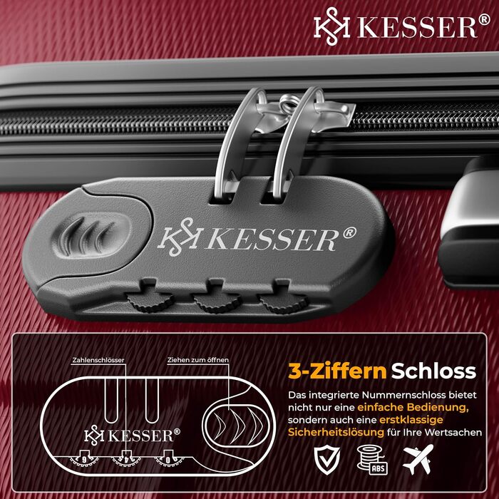 Набір дорожніх валіз KESSER з ABS-пластику, 4 шт. (S, M, L, XL), бордовий — комплект валіз-тролеїв з колесами, телескопічною ручкою, вагами та бирками для багажу