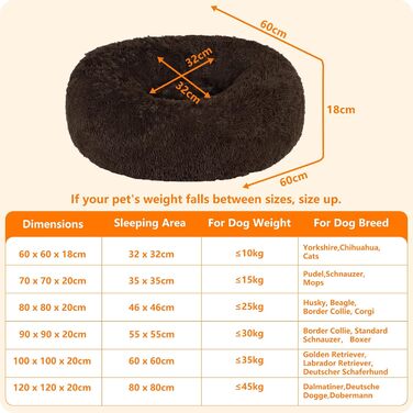Ортопедичне ліжко для собак HMTOPE: кругла подушка, софа для собак та котів, корзина для собак, зручне, миюче, 70 см Ø, (60 x 60 x 18 см, Коричневий)