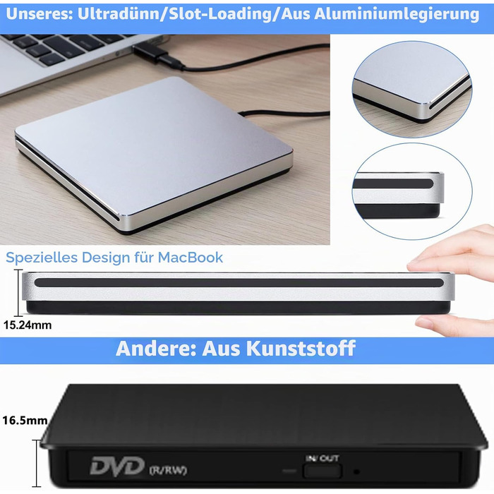 Зовнішній DVD-накопичувач для ноутбука: Портативний USB CD/DVD привід та записувач для Mac, MacBook, PC, Windows (Сріблястий)