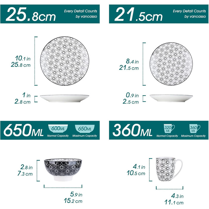 Набір посуду Vancasso Haruka 48 предметів: тарілки, миски, чашки (чорний + кремовий)