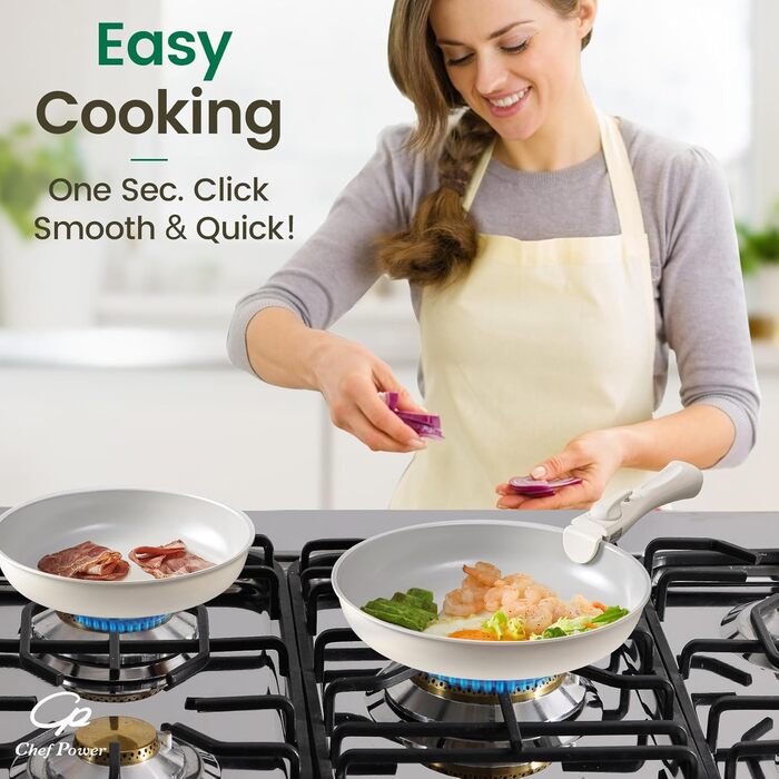 Набір посуду Chef Power Keramik 19-ти частинний, з антипригарним покриттям, знімний ручка, для індукційних плит, сумісний з посудомийною машиною, для духовки, набір для дому/кемпінгу, сірий та білий колір