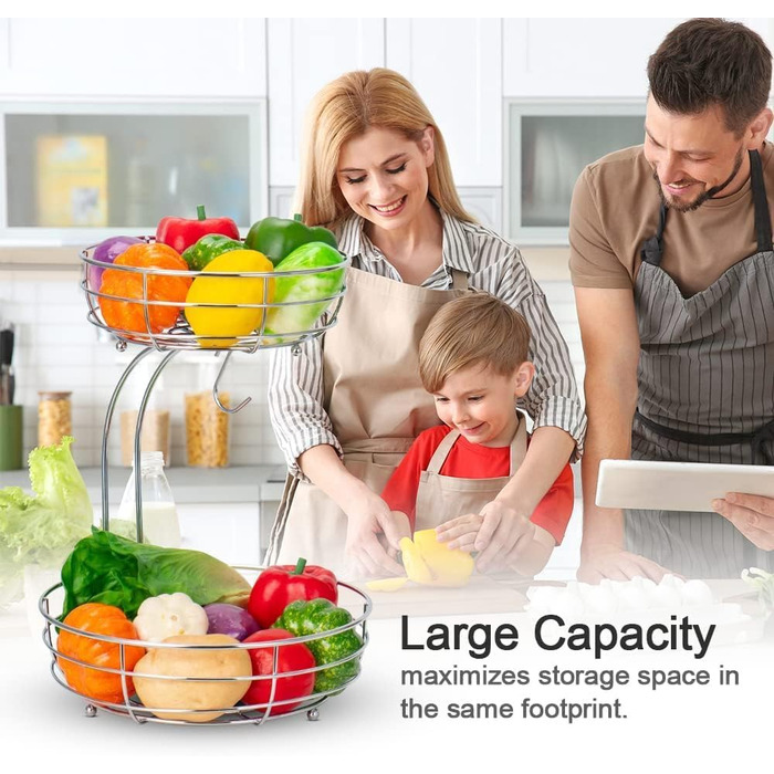 Металева фруктова корзина Bomclap з підставкою для бананів - 2 яруси. Сучасна фруктова корзина для кухні. Декоративна корзина для овочів та фруктів (срібна)