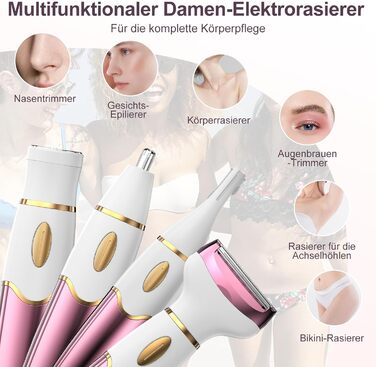 Електричний жіночий тример 4-в-1 з цифровим дисплеєм – для обличчя, ніг, під пахвами та інтимної зони, водонепроникний IPX7, USB-зарядка, рожевий