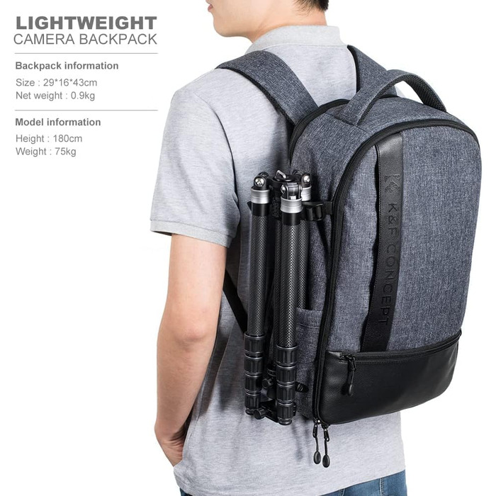 Рюкзак для камери K&F Concept 18L сірий/чорний з відділенням для ноутбука 15.6 дюймів, водонепроникний, для DSLR/штатива/аксесуарів