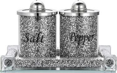 BTSKY Set of 3 Salt and Pepper Shakers with Tray, Crystal Glass, Crushed Diamonds, Salt and Pepper Containers, Storage Jar, Cooking Spice Glass, Kitchen Accessories