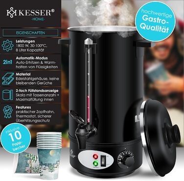 KESSER® Mulled Wine Boiler 8L Stainless Steel Incl. 10 Cups Mulled Wine Cooker with Thermostat Mulled Wine Dispenser Hot Beverage Dispenser Water Boiler Hot Water Dispenser Canning Device Level Indicator Tap Black
