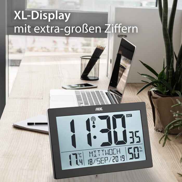 Digital Radio Clock with Large XL Display | Calendar | with Temperature Display & Hygrometer | Wall Clock | Radio Alarm Clock with 2 Alarm Times and Snooze Function | (--)