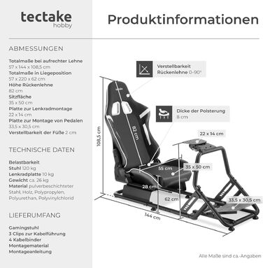 Ігровий симулятор Sim Racing Cockpit tectake® для Fanatec, Logitech, Thrustmaster, регульоване гоночне крісло GT-Style, сталевий каркас, до 120 кг, чорний