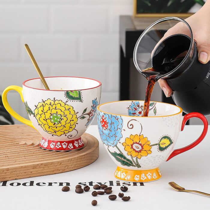 superyes Large Coffee Cup Set, 4 Pieces, Coffee Cup Set for Tea, Milk, Latte, Cappuccino, Cereal, Hot Chocolate, Soup, Gift for Friend, Family (Red-Yellow-Green, 425 ml x 4 Pieces)