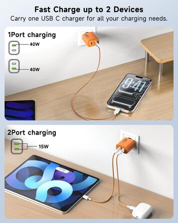 Зарядний пристрій USB-C 40W 2Port для iPhone 17 Pro Max/Pro/15 Plus, iPad Pro/Air, кабель 2м Orange
