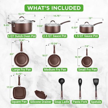Nutrichef Frying Pans & Induction Cookware Set, 14-Piece Frying Pan Set & Pot Set Induction, Pots & Pans with Cool-Touch Handles PFOA/PFOS-free – Non-Stick – Aluminum with Stainless Steel Edges – Oven-Safe Brown