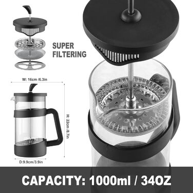 Френч-прес Sivaphe 1000 мл, чорний: кавоварка з тришаровим фільтром, термостійке скло, ложка