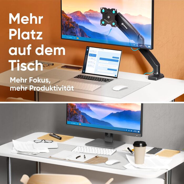 Кріплення для монітора ONKRON G80-B/G80T-B: газ-амортизатор, поворотний, нахильний, VESA 75x75-100x100, для моніторів 13-32 дюймів, до 8 кг