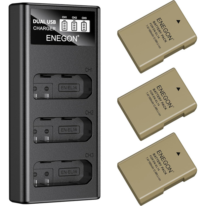 Запасний акумулятор ENEGON EN-EL14/EL14a (2 шт.) та смарт-LED зарядний пристрій Dual USB для Nikon DSLR D3100, D3200, D3300, D3400, D3500, D5100, D5200, D5300, D5500, D5600, DF, Coolpix P7000, P7100, P7700, P7800 (2 акумулятори + зарядний пристрій)