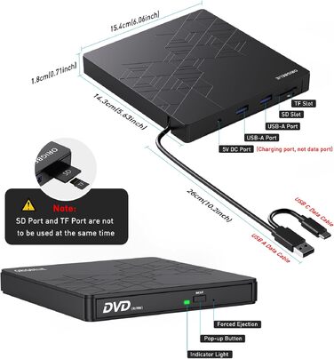 Зовнішній DVD-записувач ORIGBELIE 6 в 1, USB 3.0 CD/DVD ROM +/-RW привід для ноутбука, ПК, Mac OS, Windows 11/10/8/7, Linux
