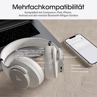 DOQAUS Бездротові навушники Over-Ear Bluetooth 5.3 з мікрофоном, 90 годин роботи, HiFi стерео звук, глибокі баси, сірий