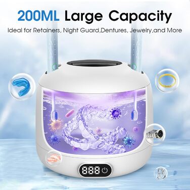 Ультразвуковий очищувач 45000 Гц з УФ-дезінфекцією 220 мл для зубних протезів, брекетів, ювелірних виробів - білий