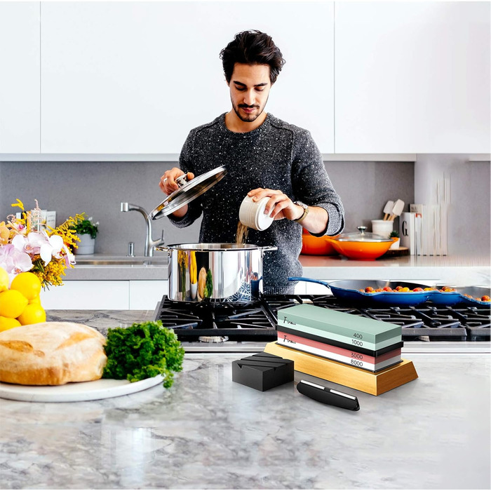 Набір точильних каменів Schleifstein: 400/1000/3000/8000, для заточування ножів, з підставкою, знімач задирок, шкіра для полірування