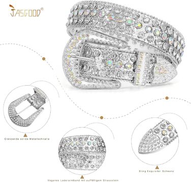 Жіночий шкіряний ремінь JasGood з камінням, стиль вестерн, ковбойський, з заклепками, сріблястий, 115 см (підходить для розміру штанів 81-95 см)