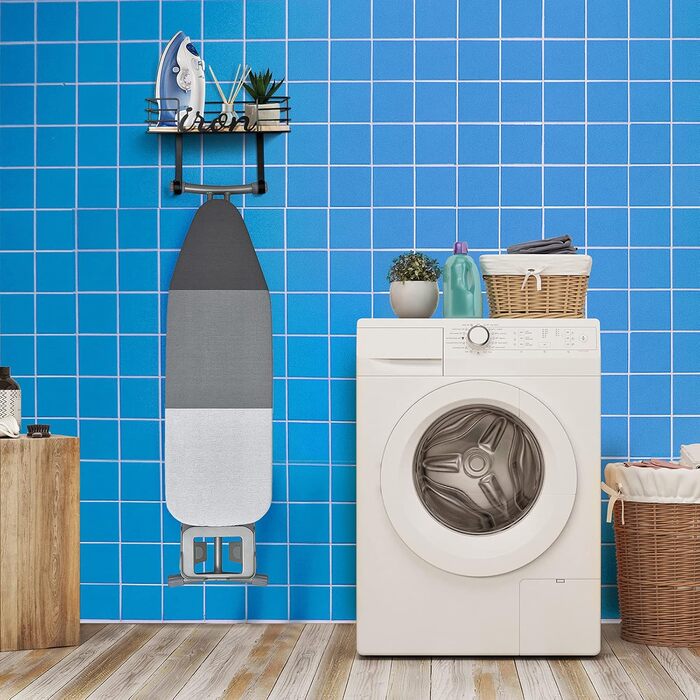 Настінна підставка для праски та прасувальної дошки TJ.Moree, металева з кошиком та дерев'яною дощечкою, чорна