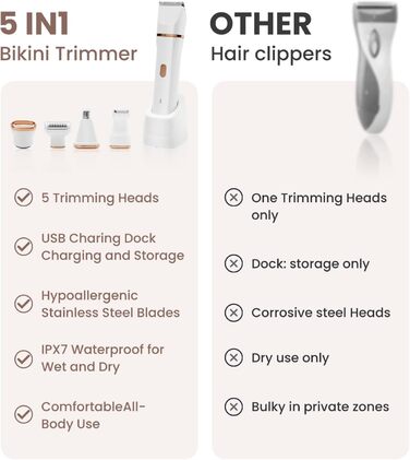 Електричний жіночий бритва 5-в-1 для тіла, бікіні та носа, водонепроникний (IPX7), для сухого та вологого гоління, з тримером, USB-зарядка