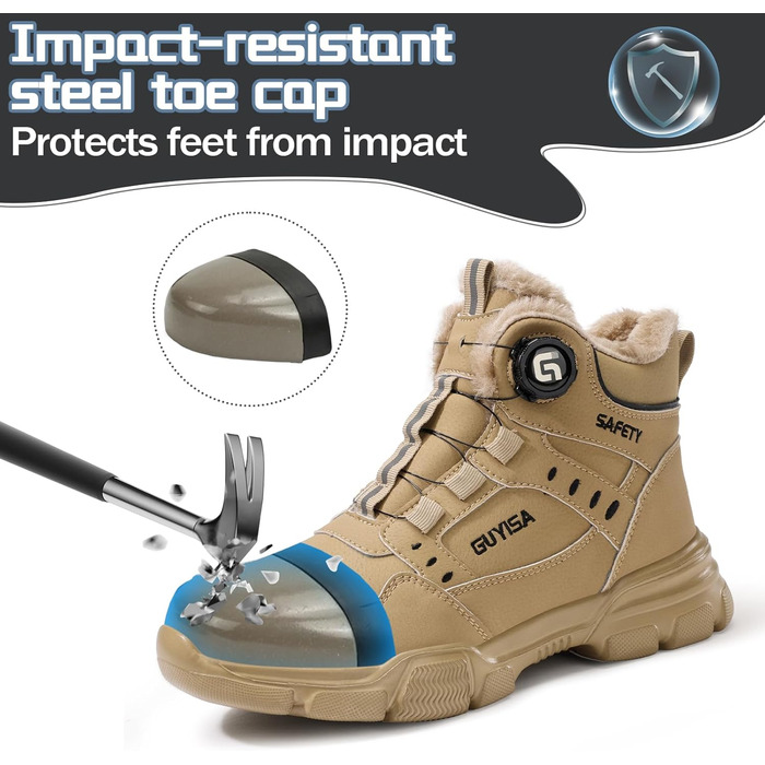 Черевики робочі зимові чоловічі/жіночі, зимові захисні черевики з підкладкою, водонепроникні, черевики безпеки зі сталевим підноском, антиковзкі, теплі, з швидкою застібкою, самозатягування, 36-46 EU, бронзові, 45 EU