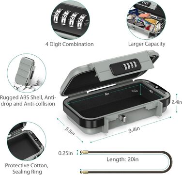 Сейф ORIA портативний з кодовим замком, водонепроникний, для відпочинку, подорожей, офісу (сірий)