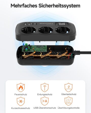 Многорозеткова станція з захистом від перенапруги, 3 розетки, 4 USB (2 USB-C), вимикач, кабель 1,5м, для дому/офісу, білий/чорний