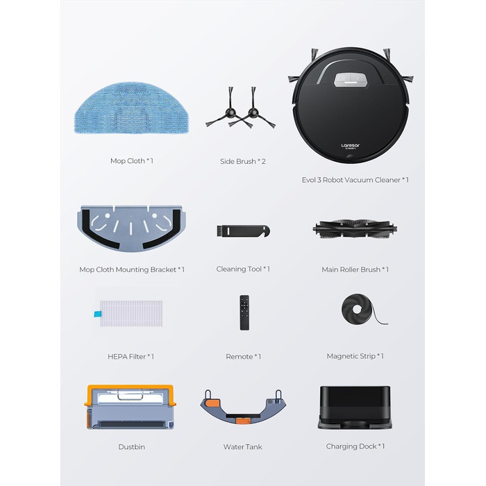 Робот-пилосос Laresar з функцією миття, 4500Pa, 3-в-1, сумісний з Alexa, 180 хв роботи, для шерсті тварин, килимів, твердих підлог