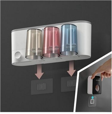 Toothbrush holder without drilling, wall mount, bathroom shelf, with 1 automatic toothpaste dispenser, 6 brush hooks, 1 cosmetic drawer, organizer, and ample storage space (1 dispenser + 3 cups) (1 Dispenser)