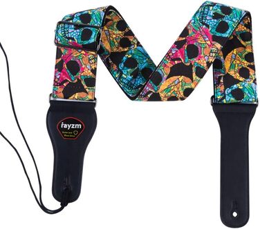 Гітарний ремінь Rayzm для акустичної, електрогітари та бас-гітари з баскліком та дизайном черепа, 6.5 см, для дорослих