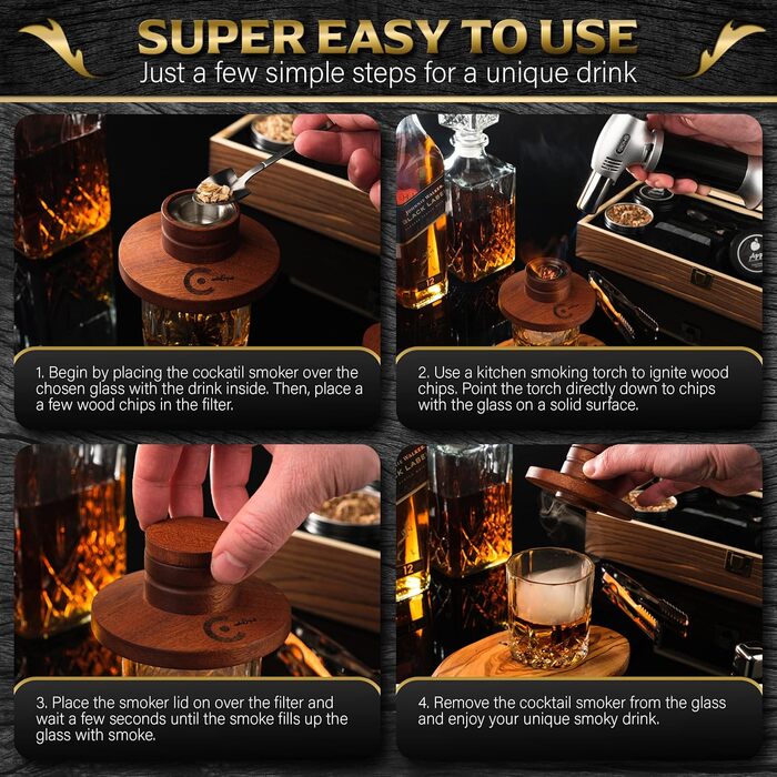 Набір для копчення коктейлів з ліхтариком - Smoke Egg Set для віскі та бурбон, включаючи коробку для копчення, тирсу та аксесуари