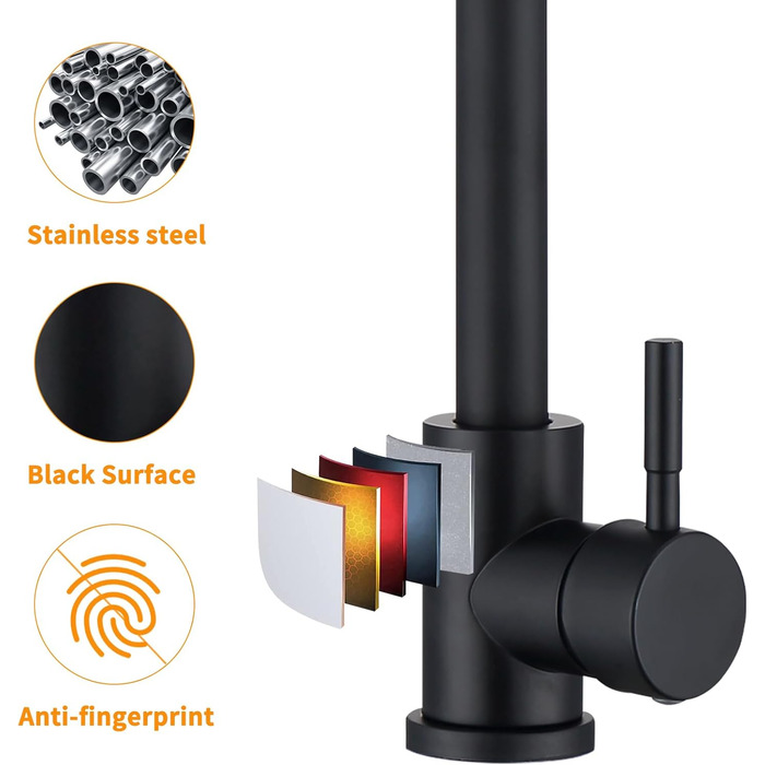 Кран кухонний HOMELODY чорного кольору, 360° поворотний, з високим виливом, з нержавіючої сталі, одноlever, G3/8 з'єднання