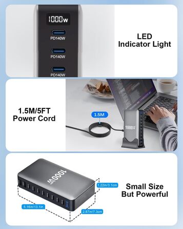 Зарядний пристрій USB-C GaN III 1000W 10-в-1 PD140W/100W QC20W для MacBook, iPad, iPhone, HP, Samsung Galaxy та ін.