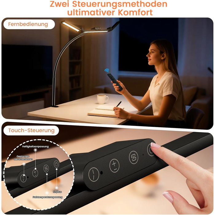 LED лампа настільна TYEE з регулюванням яскравості, 24W, 3-світлодіодний балка, 1500LM, захист очей, денне світло, з пультом дистанційного керування, 5 кольорів, 5 рівнів яскравості, для офісу та дому, чорна