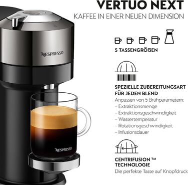 Кавомашина Nespresso Vertuo Next Krups XN910C: 6 розмірів чашок, автоматичне розпізнавання капсул, об'єм резервуару 1.1 л, 54% з переробленого пластику, темне хромоване покриття