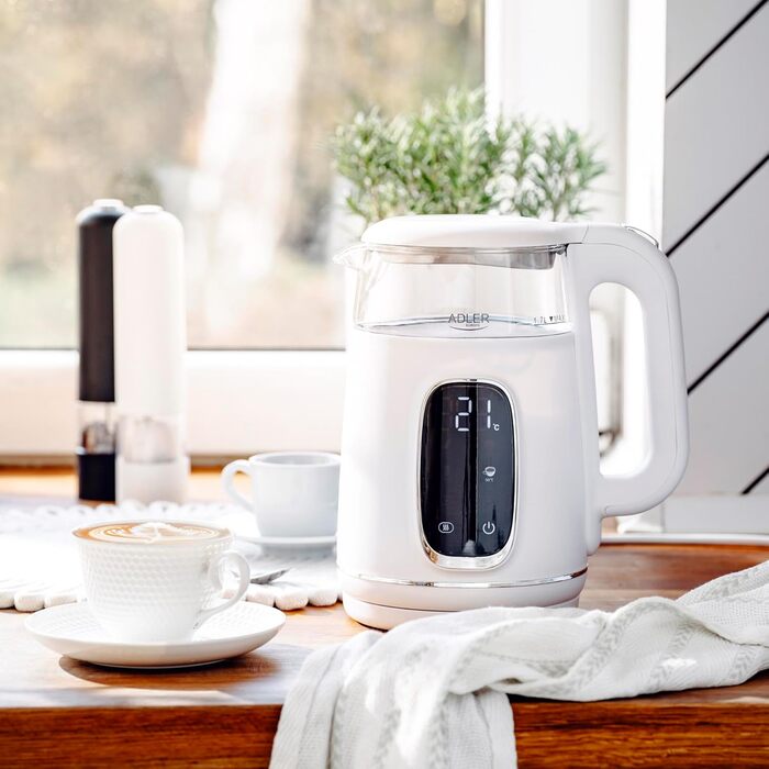 Електричний чайник Adler з регулюванням температури 2200W, 1.7L з LED-дисплеєм та сенсорною панеллю, 5 температурних програм, функцією підтримання тепла, з фільтром (Білий, Сріблястий)