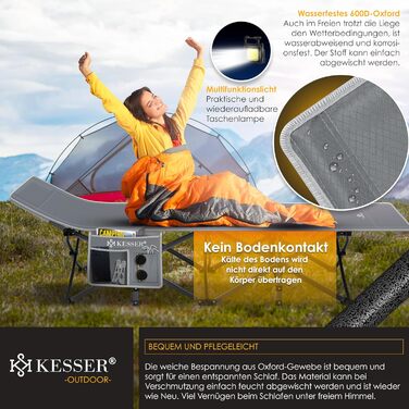 Кемпінгове ліжко KESSER® розкладне, металеве, 190 см, сіре, з сумкою та ліхтарем