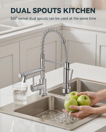 Сучасна кухонна змішувач Warmiehomy з LED-підсвічуванням, поворотний на 360°, з двома виливами, високий вигин, спіральна пружина, для мийки, з нержавіючої сталі, брашований нікель
