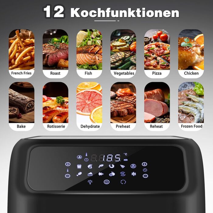 LLIVEKIT Air Fryer Hot Air Oven 12L, 1800W Mini Oven with 6 Accessories & Recipe Book, 12-in-1 Air Fryer with Digital LED Display, Fruit Dehydrator, Barbecue, Oil-Free Air Fryer 12L Black